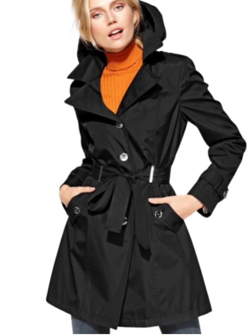 Calvin Klein Black Double Breasted Hooded Belted Rain Jacket Sz Small